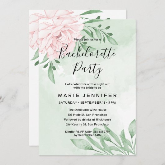 Rosa Eukalyptus Foliage Bachelorette Einladung (Vorne/Hinten)
