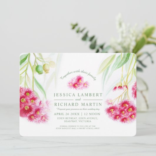 Rosa Eukalyptus gumanfarbenes Wasser Einladung (Stehend Vorderseite)