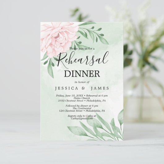 Rosa Eukalyptus Kulturelle Probe Abendessen Einladung (Stehend Vorderseite)