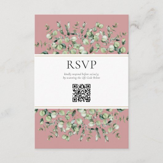 Rosa Eukalyptus QR Code Wedding RSVP Begleitkarte (Vorderseite)