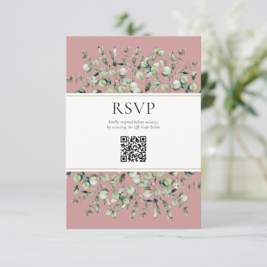 Rosa Eukalyptus QR Code Wedding RSVP Begleitkarte (Stehend Vorderseite)