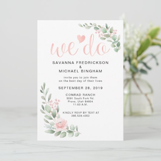 Rosa Eukalyptus Wedding Einladung (Stehend Vorderseite)