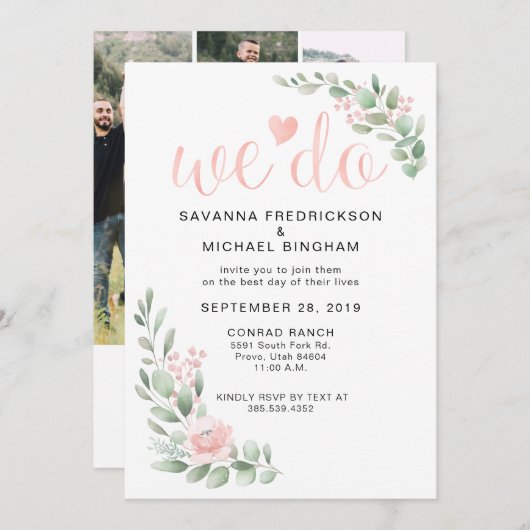 Rosa Eukalyptus Wedding Einladung (Vorne/Hinten)