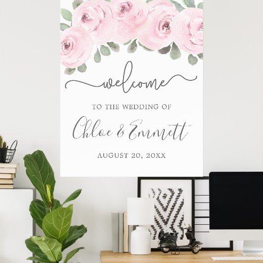 Rosa Eukalyptus Wedding Willkommen Poster (Heimbüro)