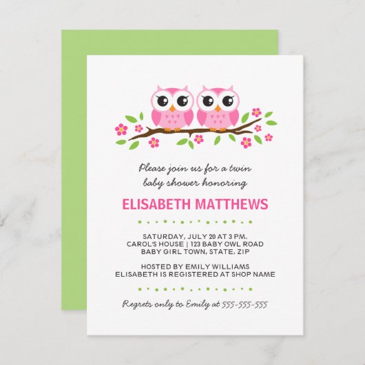 Rosa Eule auf der Blumenzweig Zwillingsmädchen Bab Einladung (Vorne/Hinten)