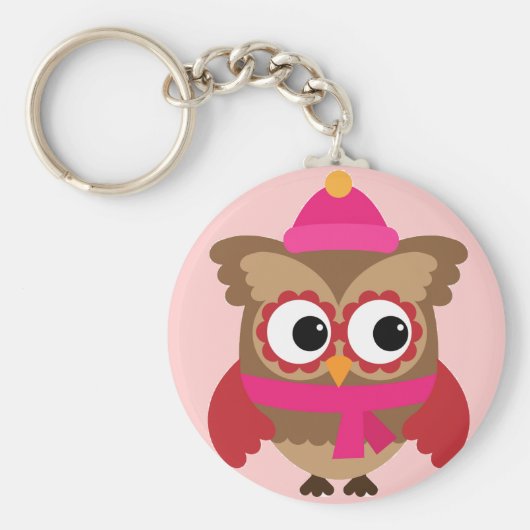 Rosa Eule mit rosa Scarf Button-Schlüsselanhänger Schlüsselanhänger (Vorne)