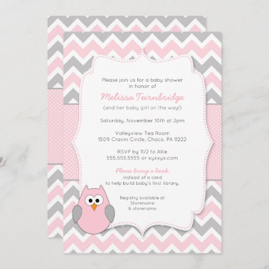 Rosa Eulen-Babyparty mit Buchantrag Einladung (Vorne/Hinten)