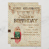 Rosa-Eulen-Geburtstags-Einladung Einladung (Vorne/Hinten)