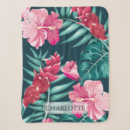 Rosa Exotische Blume Monogramm Sherpadecke (Vorderseite)