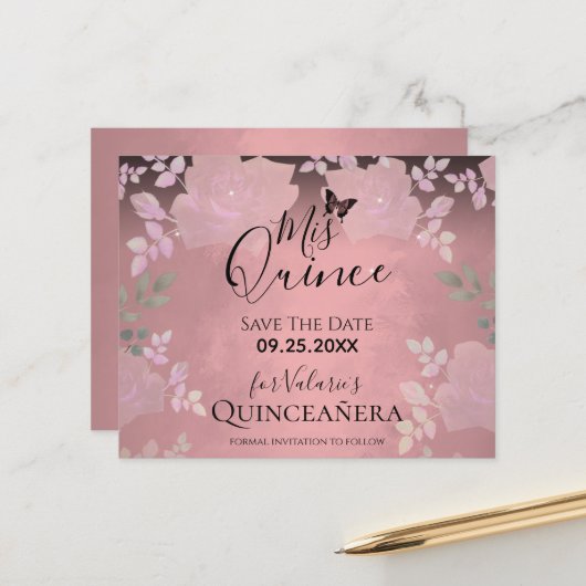 Rosa Extravagante Rose Quinceanera Save the Date r (Vorderseite/Rückseite Beispiel)