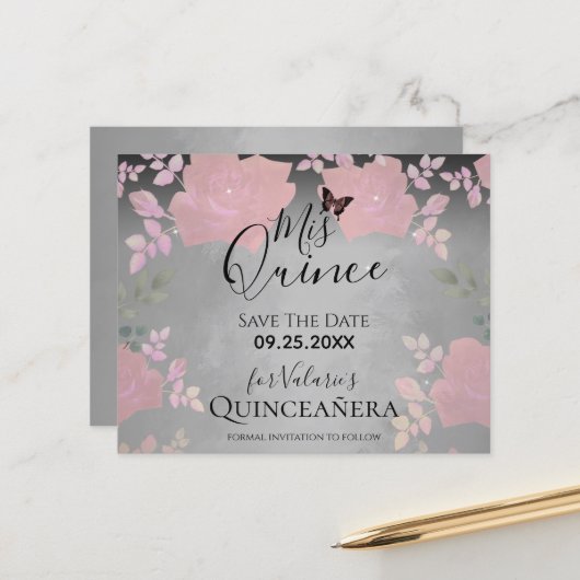 Rosa Extravagante Rose Quinceanera Save the Date r (Vorderseite/Rückseite Beispiel)