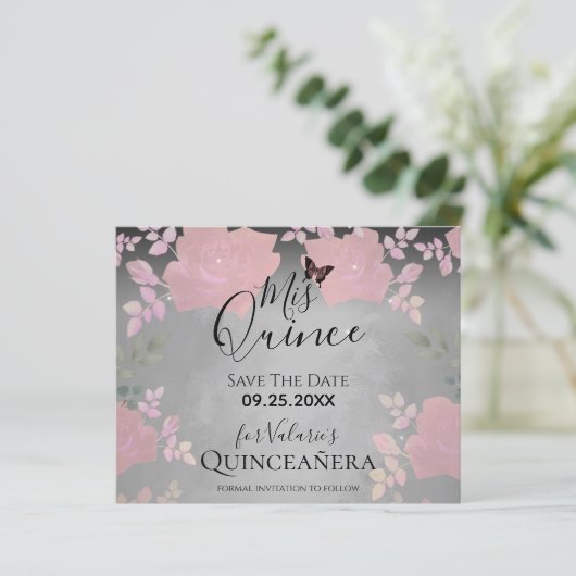 Rosa Extravagante Rose Quinceanera Save the Date r (Stehend Vorderseite)