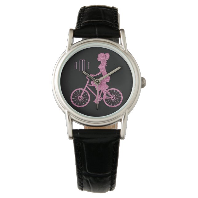 Rosa Fahrrad an der Schwarzen Monogramm Armbanduhr (Vorderseite)