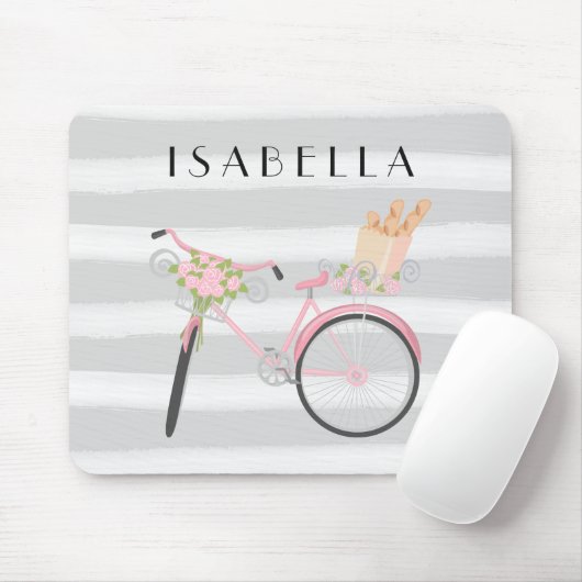 Rosa Fahrrad mit französischem Brot und grauem Mousepad (Mit Mouse)
