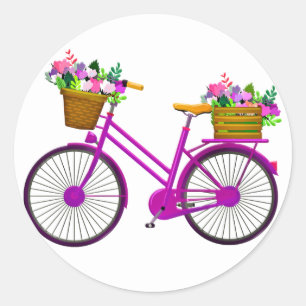 Rosa Fahrrad mit Korbweide aus Blume - Runder Aufkleber