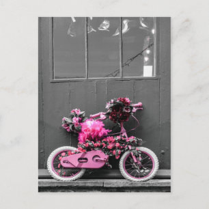Rosa Fahrrad mit rosa Blume und Federn Postkarte