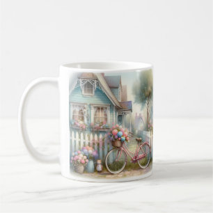 Rosa Fahrradblume am Tor des blauen Cottage Kaffeetasse