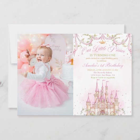 Rosa Fairytale Princess Burg Foto Einladung (Vorderseite)