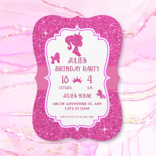 Rosa Fancy-glitter funkelnde Puppe Geburtstag  Einladung
