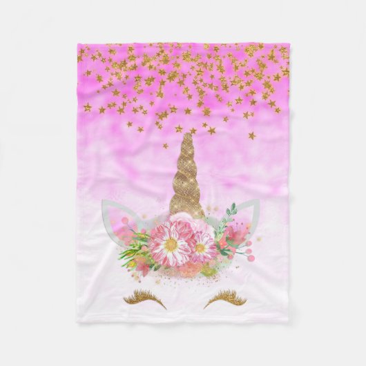 Rosa Fantasie und goldene Sterne Einhorn Fleecedecke (Vorderseite)