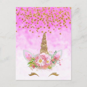 Rosa Fantasie und goldene Sterne Einhorn Postkarte