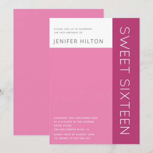 Rosa Farbblock 16 . Geburtstag Einladung (Vorne/Hinten)