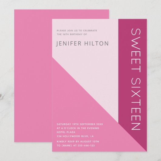 Rosa Farbblock 16 . Geburtstag Einladung (Vorne/Hinten)
