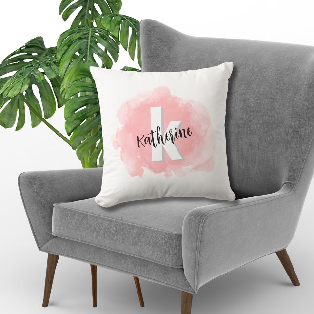Rosa Farbe Mit Monogramm Kissen (Modern Pink Watercolor Monogrammed Throw Pillow)