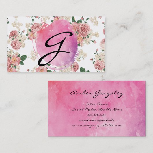 Rosa Farbe Monogramm Blumenmuster Visitenkarte (Vorne/Hinten)