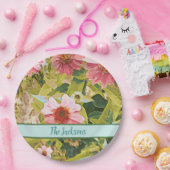 Rosa Farben Grüne Blätter Name Personalisiert Pappteller (Party)