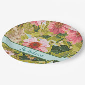 Rosa Farben Grüne Blätter Name Personalisiert Pappteller (Schrägansicht)