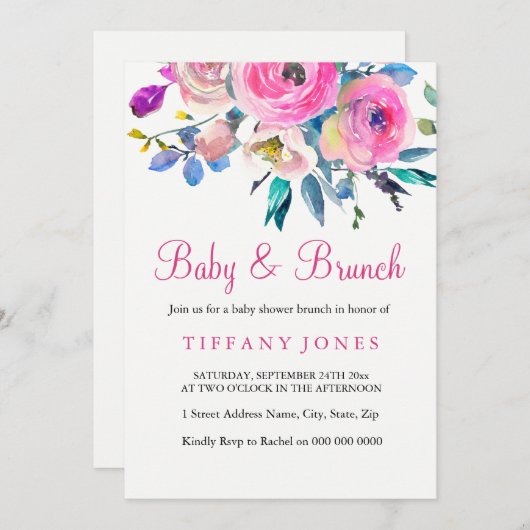 Rosa farbenfrohe Blumenjause Einladung (Vorne/Hinten)