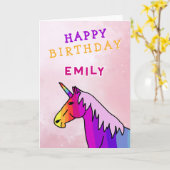 Rosa Farbenfrohe Einhorn Girl Happy Birthday Karte (Gelbe Blume)