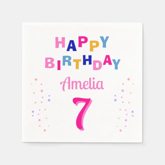 Rosa farbenfrohe Sterne Girl Happy Birthday Party Serviette (Vorderseite)