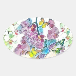 Rosa farbige orchide Blume Schmetterlinge Aquarell Ovaler Aufkleber