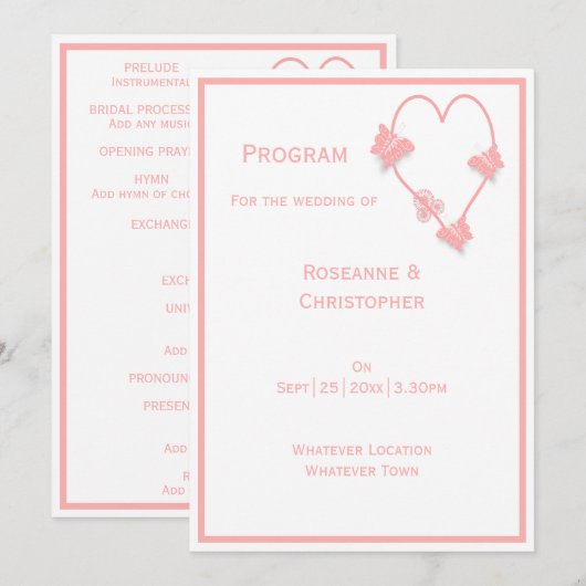 Rosa farbige Schmetterlinge Herz-Design Hochzeit Programm (Vorne/Hinten)