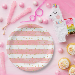 Rosa Farbige Streifen und Imitate Gold Confetti Pappteller