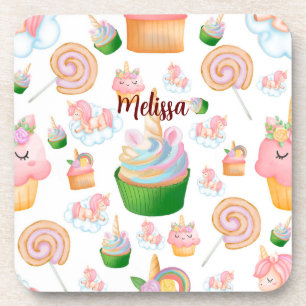 Rosa Farbname Personalisiert Cupcake Unicorn Getränkeuntersetzer