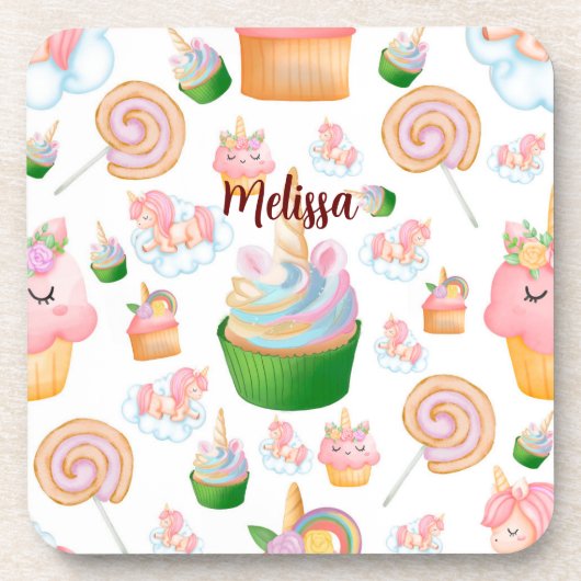 Rosa Farbname Personalisiert Cupcake Unicorn Getränkeuntersetzer (Vorderseite)