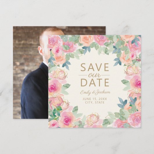 Rosa Farbton Grün Blumengrün Rett Datum Save The Date (Vorne/Hinten)