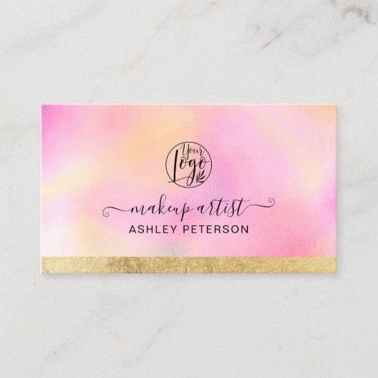Rosa Farbverlauf Goldfolie Streifen Chic Logo Make Visitenkarte (Vorderseite)