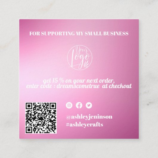 Rosa Farbverlauf Retro-Skript Reihenfolge danke Quadratische Visitenkarte (Rückseite)