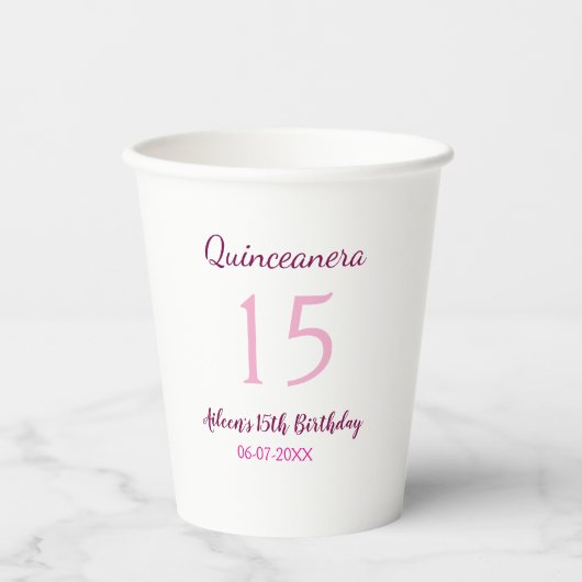 Rosa Fee 15. Geburtstag einfache moderne Quinceane Pappbecher (Vorderseite)