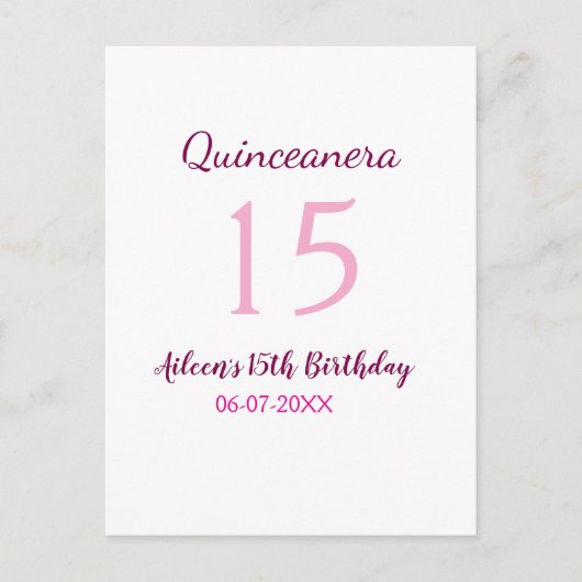 Rosa Fee 15. Geburtstag einfache moderne Quinceane Postkarte (Vorderseite)