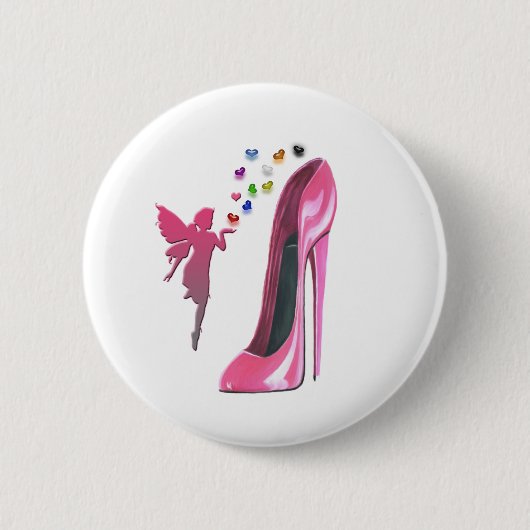 Rosa feenhafte Herzen und Stilett-Schuh-Kunst Button (Vorderseite)