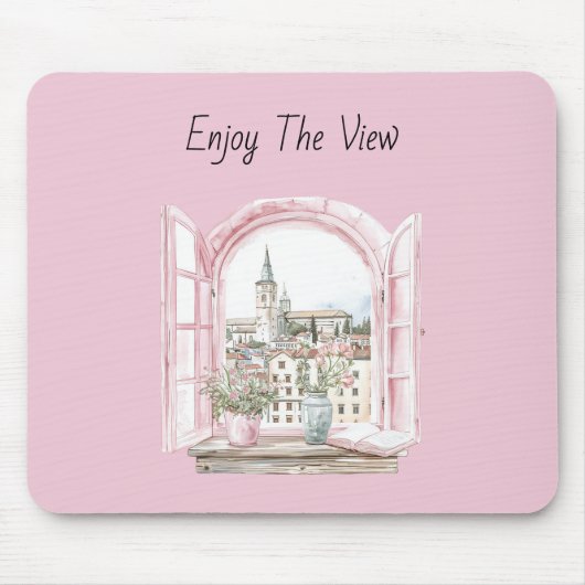 Rosa Fenster Stadtblick Mousepad (Vorne)