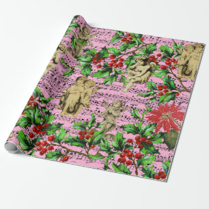 Rosa festliche Vintage-Engel-Cherubs-Stechpalme-We Geschenkpapier
