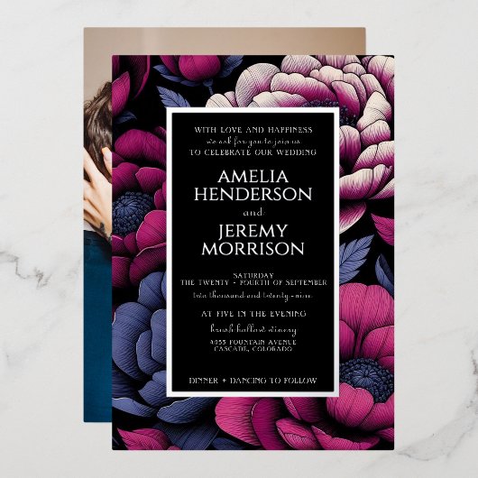 Rosa, fett floral mit Foto Folieneinladung (Vorderseite/Rückseite)