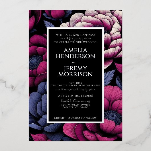 Rosa Fettflora mit Details Foil Einladung (Vorderseite)