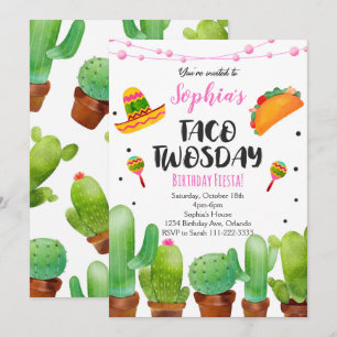 Rosa Fiesta Taco Twosday Watercolor Kaktus Einladu Einladung